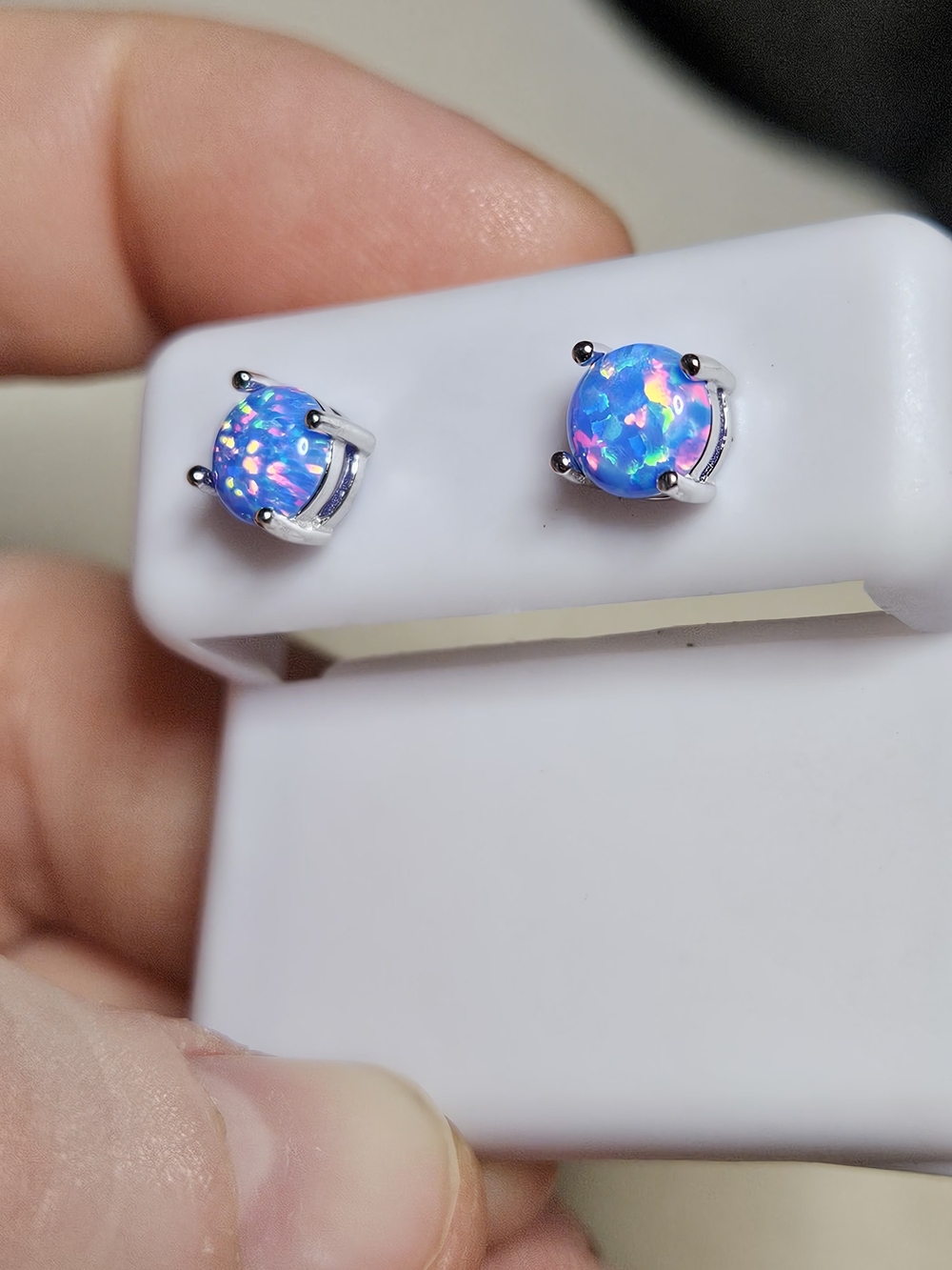 Round Cut Blue Natural Opal Stud Earrings In Sterling Silver